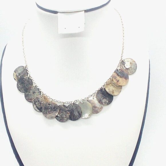 Abalone Disc Shell Necklace Browns Silver Tone Chain 16-19" - Picture 4 of 9